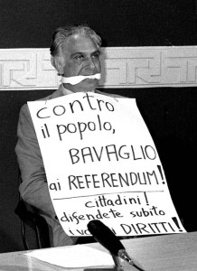 Roma 18 maggio 1978  Marco Pannella imbavagliato durante una tribuna politica per i referendum sull'aborto durante la trasmissione  Rai in un'immagine di archivio.          ANSA / ARCHIVIO